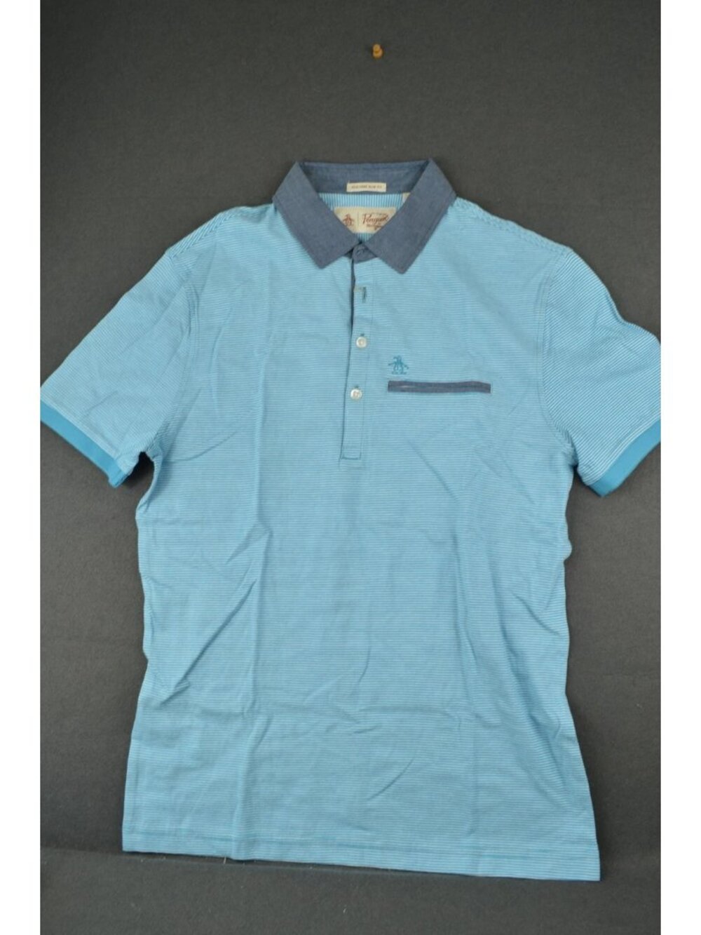 NWT Original Penguin Mens Blue White Polo Shirt Striped Heritage Slim Fit Size S
